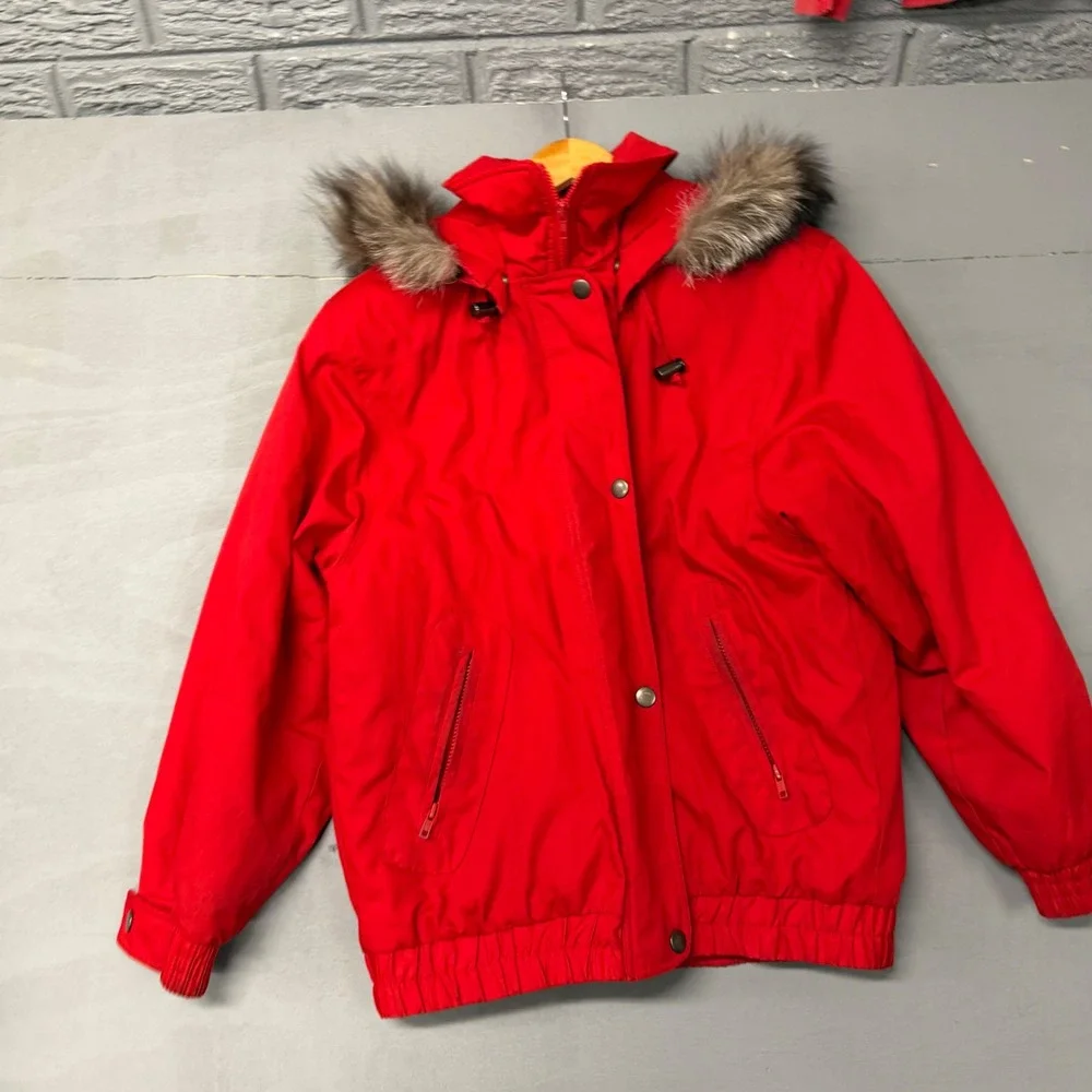 London Fog Limited Edition Red Hooded Parka Jacket Faux Fur Trim Mens Large‎